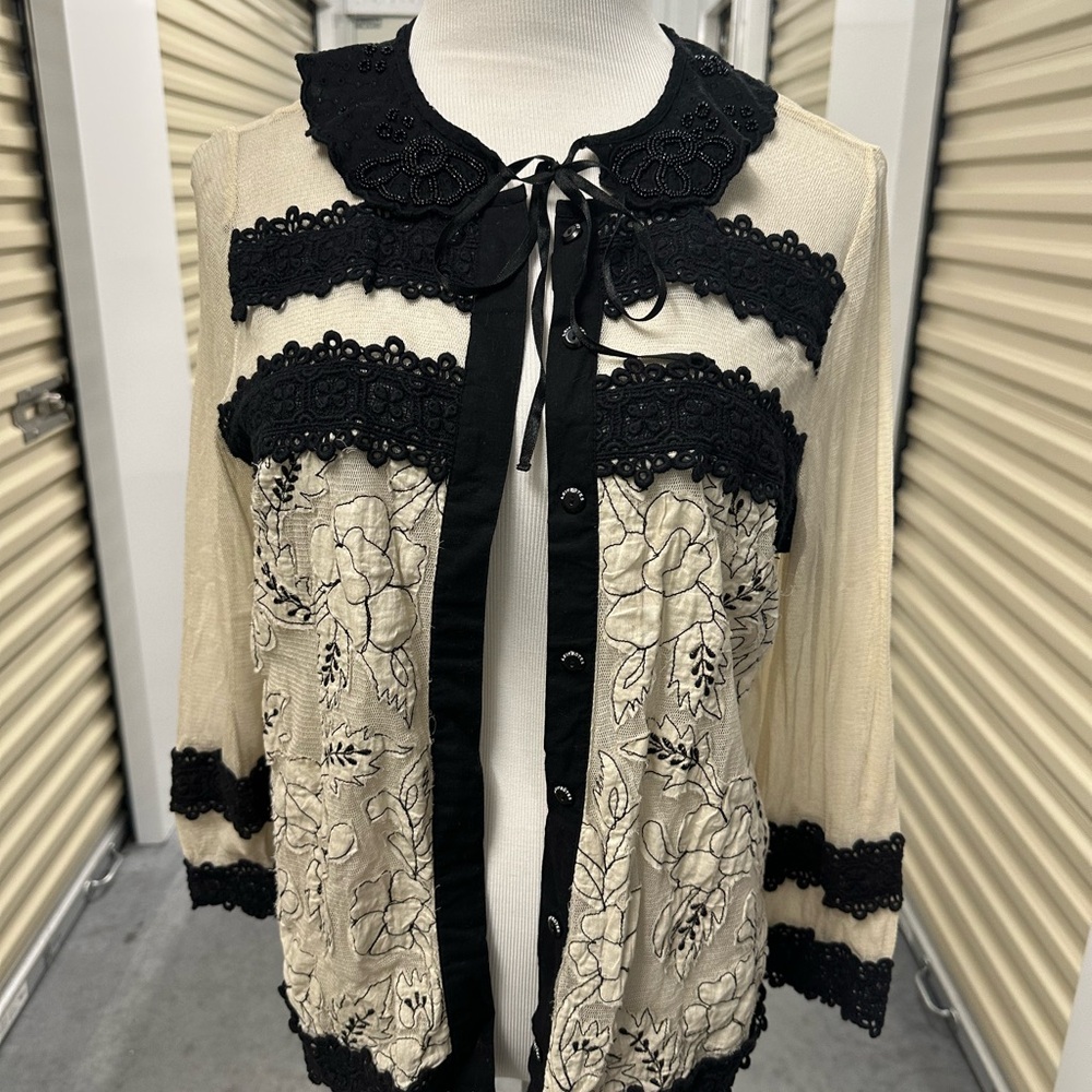 Granny Chic Cream & Black Embroidered Lace Cardigan Sweater